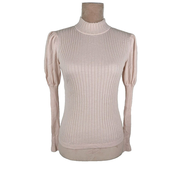 Leur Logette Pink Cashmere Silk Ribbed Balloon Sleeve Sweater Mock Neck XS - Picture 1 of 10
